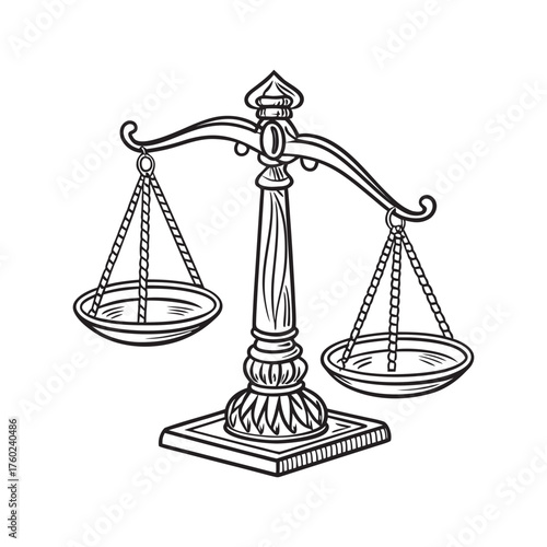 Ornate antique scales of justice symbolizing fairness and legal judgment isolated on white background
