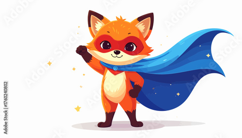 Charming illustration of a little fox superhero with a sparkling blue cape and red mask. A brave and cute cartoon animal character ready for adventure