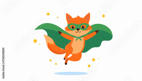 Cute cartoon fox superhero in a vibrant green cape and mask, joyfully leaping with sparkling stars, embodying courage, fun, and strength for engaging children's designs and media
