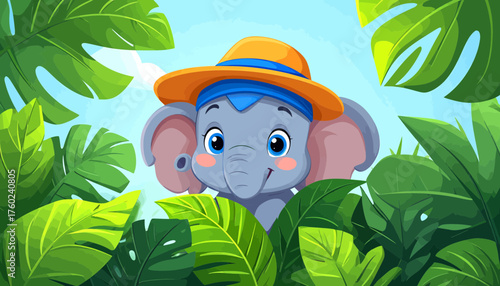 Charming illustration of a little elephant wearing a safari hat, playfully peeking out from behind dense jungle plants