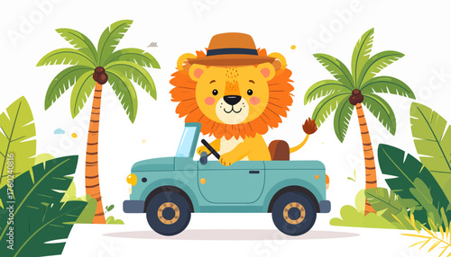 Adventurous Lion Driving a Car in a Tropical Landscape Illustration