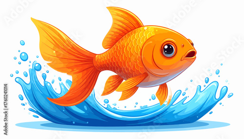 A vibrant orange goldfish leaping joyfully out of sparkling blue water with splashes and bubbles, a lively aquatic scene