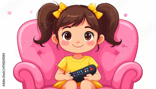A cute cartoon girl with brown hair and pigtails sitting comfortably on a pink armchair, holding a remote control and watching television with a happy smile on her face