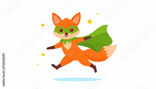 Adorable cartoon fox character dressed as a superhero with a green cape and mask. A cute and brave animal hero running on an adventure