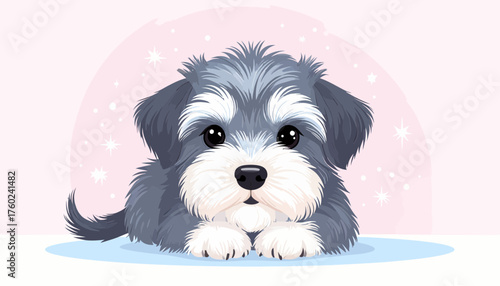 Adorable Fluffy Gray and White Puppy Illustration with Sparkling Pink Background – Sweet and Charming Cartoon Dog Portrait Perfect for Kids and Pet Lovers