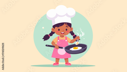 Little chef cooking fried egg in a pan with steam rising, playful illustration of a child enjoying culinary activities, perfect for food blogs and cooking websites