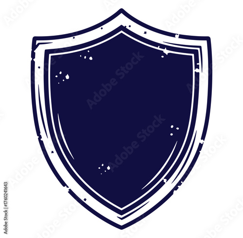 Classic shield emblem with distressed effect in navy blue for protection and security