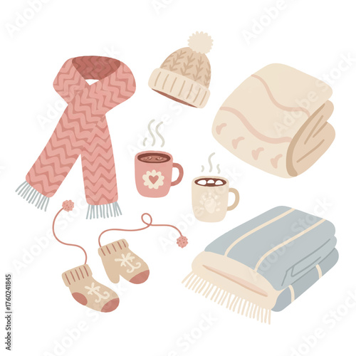 Cozy Winter Essentials Collection with Warm Knitted Clothes and Hot Drinks.