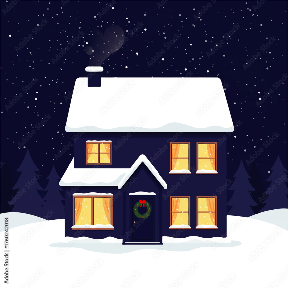Naklejka premium Cozy Winter Night Scene with SnowCovered House and Warm Glowing Lights.