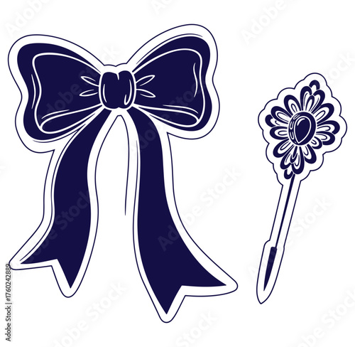 Elegant dark blue bow and floral brooch vector illustration on white background