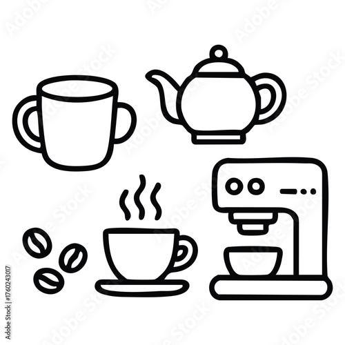 Vector art of coffee set with mug, teapot, coffee maker and beans