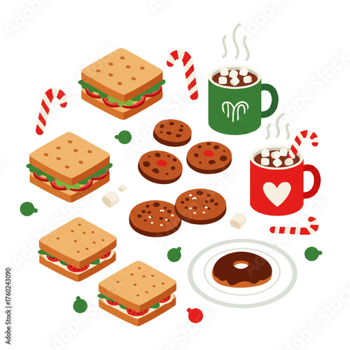 Isometric Christmas Holiday Food and Drinks Collection.