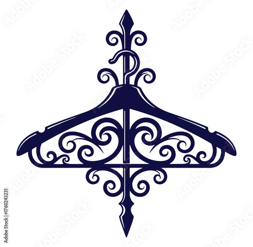 Elegant decorative clothing hanger with swirls and flourishes on a white background