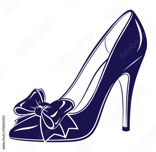Elegant high heel shoe with a bow tie silhouette in navy blue and white isolated