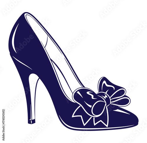 Elegant navy blue high heel shoe with decorative bow on isolated white background