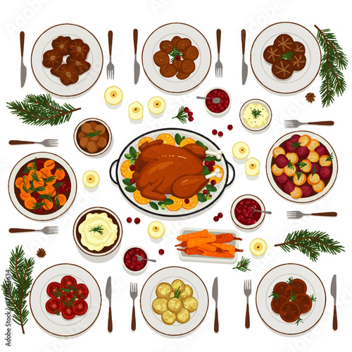 Traditional Holiday Dinner Feast with Roasted Turkey and Side Dishes.