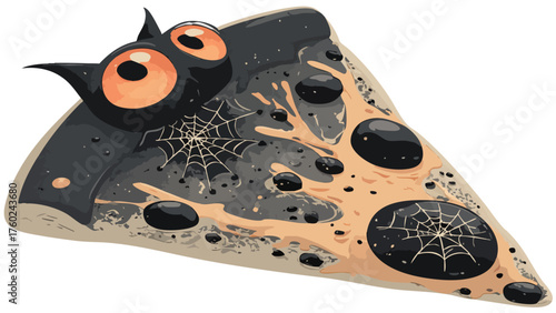 Spooky Halloween Pizza Slice with Black Cat and Cobwebs