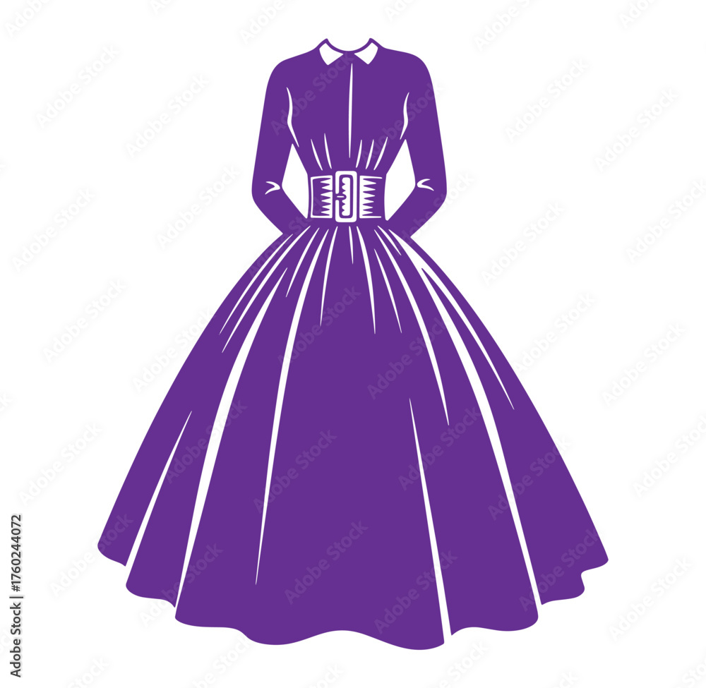 Fototapeta premium Elegant purple dress illustration showcasing vintage fashion design with a high neckline and wide skirt
