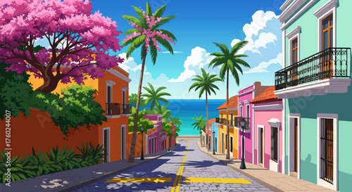 A vibrant digital art illustration of a colorful tropical street in a coastal town leading to a sunny ocean beach
