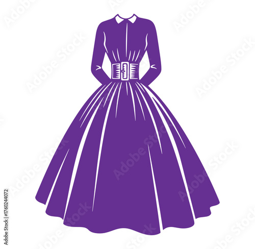 Elegant purple dress illustration showcasing vintage fashion design with a high neckline and wide skirt