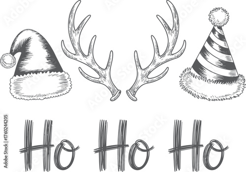 Hand Drawn Christmas Hats and Antlers with Ho Ho Ho in Black and White