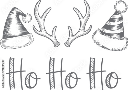 Hand Drawn Christmas Hats and Antlers with Ho Ho Ho in Black and White