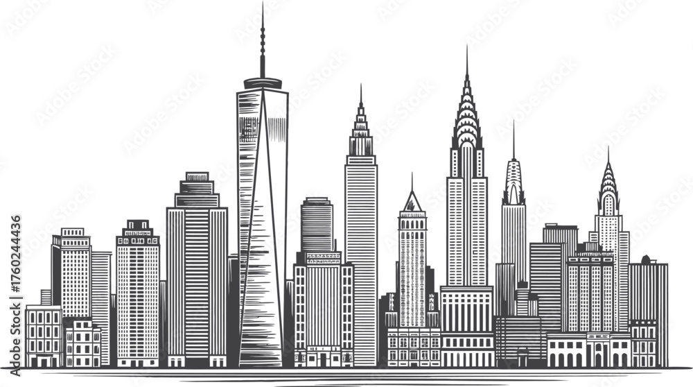 Naklejka premium Hand Drawn City Skyline with Skyscrapers in Black and White