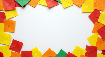 A vibrant border of colorful folded paper squares in red, orange, yellow, and green frames a pristine white background, ideal for creative design.