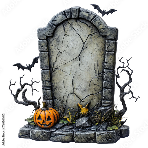 A Halloween-themed tombstone with a pumpkin and bats, set against a png transparent.