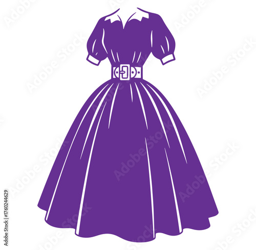 Elegant purple victorian dress illustration with a silhouette style and a white background.