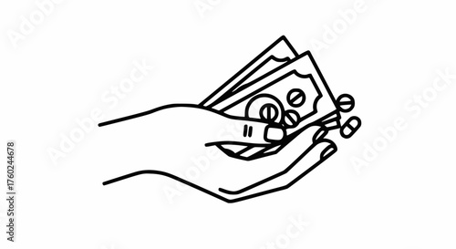 Black and white vector: Hand holding cash and pills, representing the cost of medication, pharmaceutical business, or drug trafficking and sales.