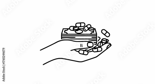 Black and white vector: Hand holding cash and pills, representing the high cost of medication, healthcare expenses, or drug trafficking and commerce
