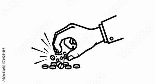 Black and white line art vector: Hand placing or picking up small pills, representing precise dosage, prescription, or drug transaction