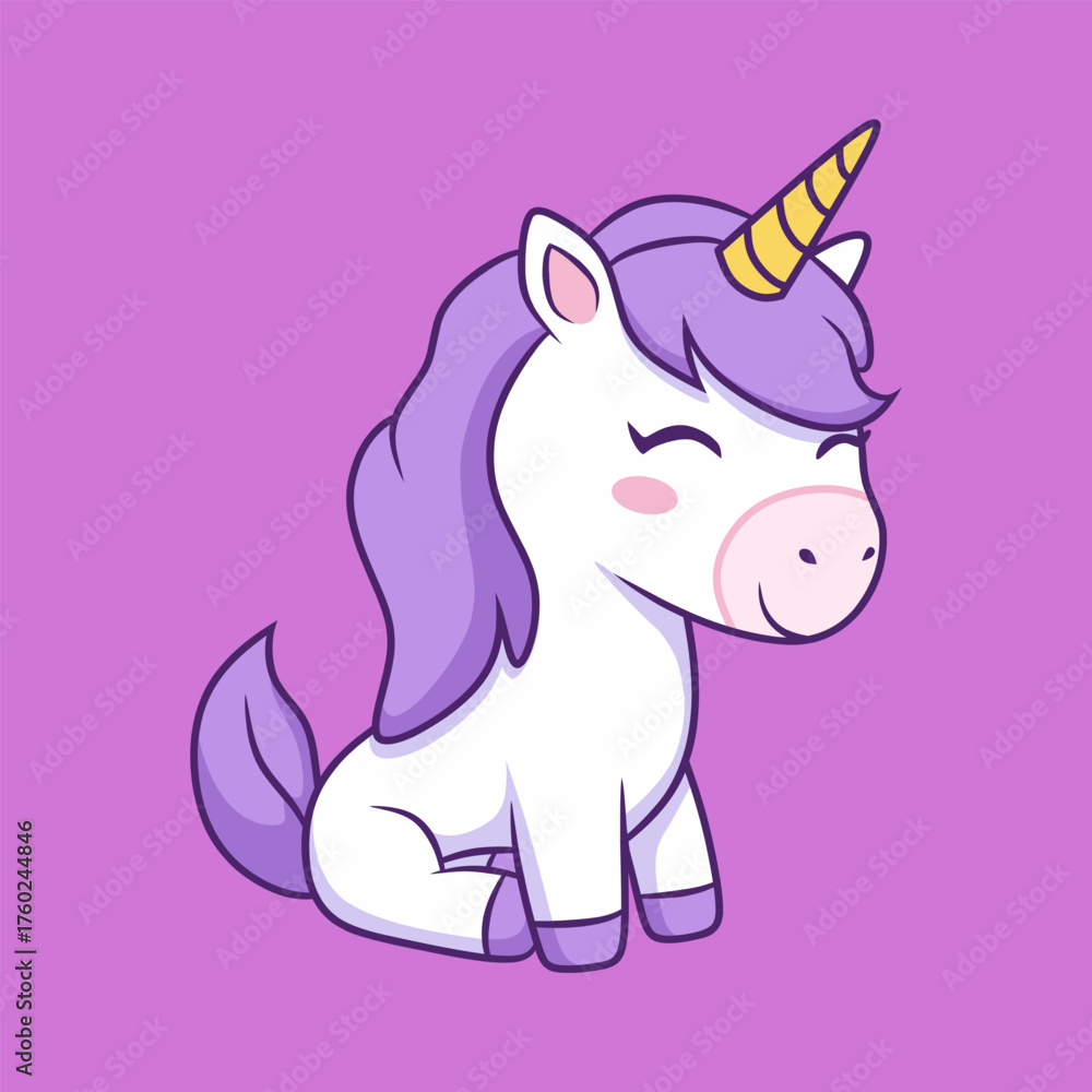 Fototapeta premium Cute White Unicorn Sitting on Purple Background with Golden Horn