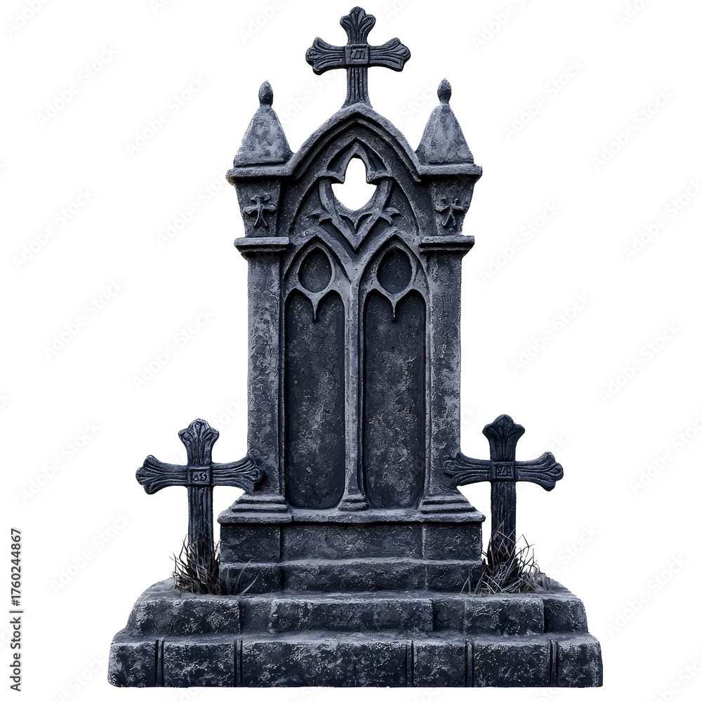 Obraz premium A Gothic-style tombstone with a cross on top and a stone base with grass and moss.