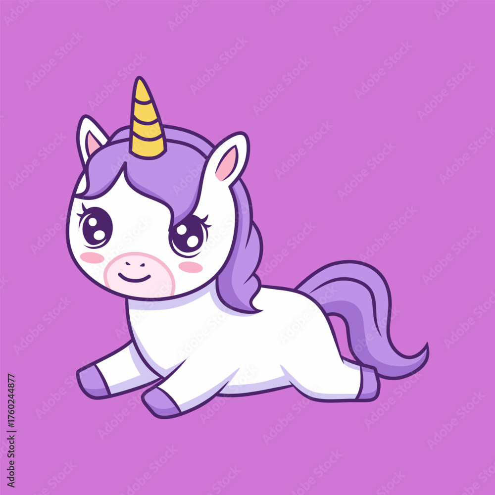 Fototapeta premium Cute White Unicorn Lying Down with Purple Mane on Lilac Background