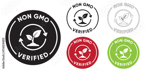 Non-GMO Verified badge set in multiple colors. Perfect for organic food labels, GMO-free products, eco-friendly branding, sustainable farming, and natural packaging design.