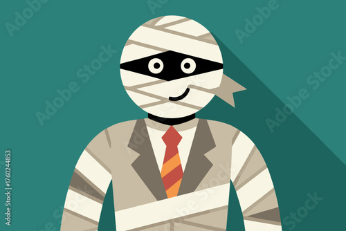 A smiling cartoon mummy character wearing a business suit and tie stands against a green background.