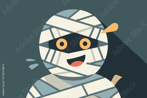 A cartoon mummy character smiling and nodding with a flashlight on