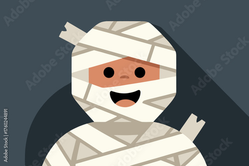 A smiling cartoon mummy wrapped in bandages stands against a dark background in 20251018125620740.eps