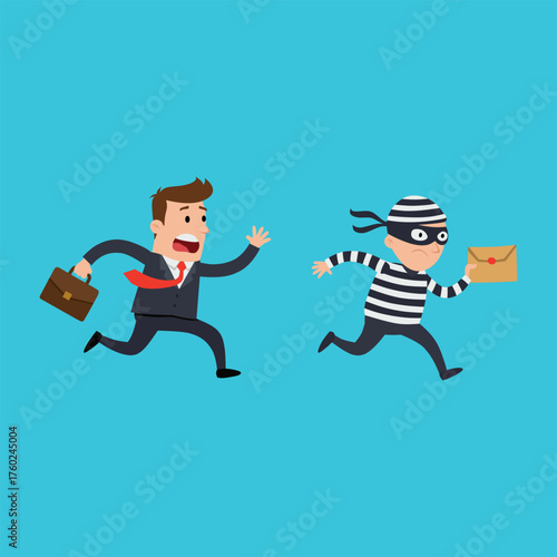 Running Businessman Chasing Cartoon Thief Stealing Mail on Blue