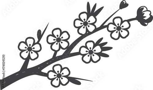 Hand Drawn Black and White Blossom Branch with Small Flowers and Leaves