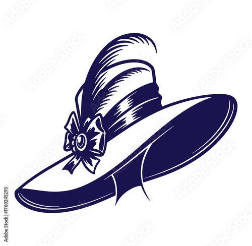 Elegant vintage hat with feather and bow in classic dark blue vector illustration