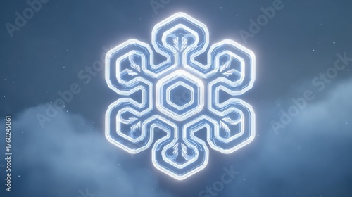 A detailed snowflake pattern emits a soft glow against a dark, cloudy backdrop, creating a serene and enchanting winter atmosphere.