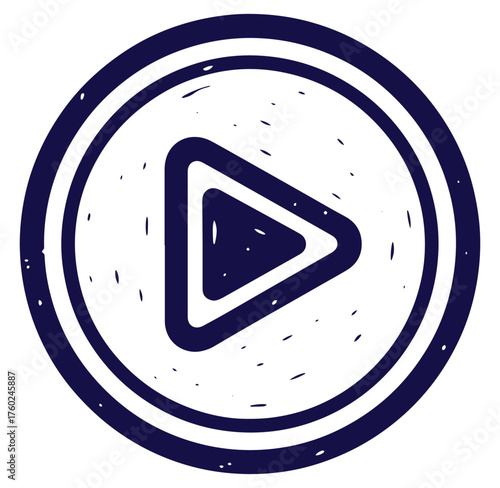 Hand drawn play button icon in a circle design with a textured vintage style
