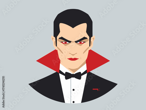 A modern flat design vector portrait shows a vampire with sharp features