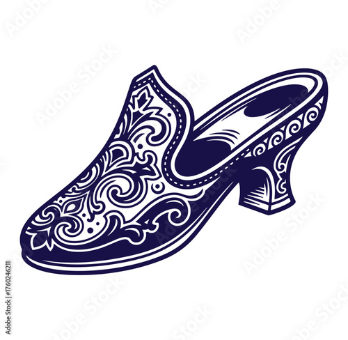 Intricate vector illustration of a decorative ornamental high heel shoe in elegant dark blue design