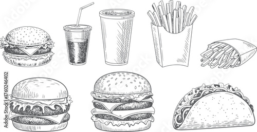Black and White Fast Food Set with Burgers, Fries, and Soda Sketch Style