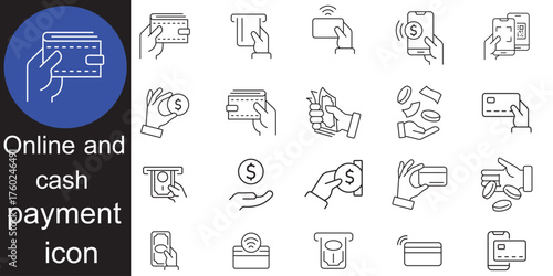 payment methods icons set collation. outline icons related to online and cash payment methods. Money transaction, money  transfer, credit card, cash and online payment symbol. Vector illustration.