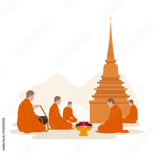 Buddhist Monks Meditating at a Golden Temple Pagoda.